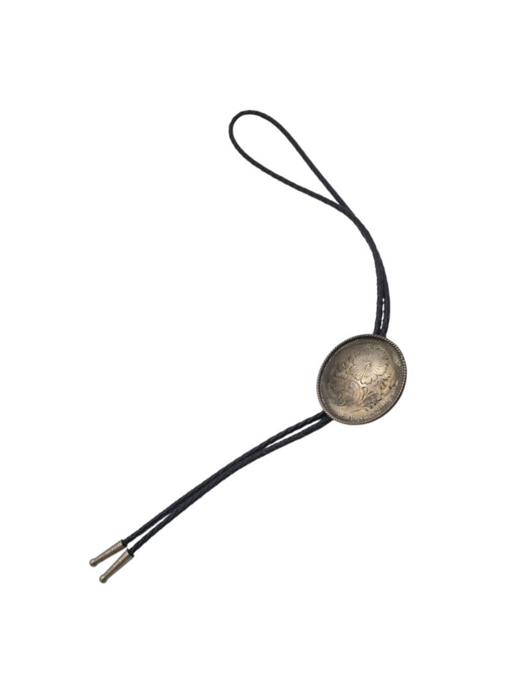 Vintage Western Style Bolo Tie Engraved Round Metal Slide Braided Black Cord